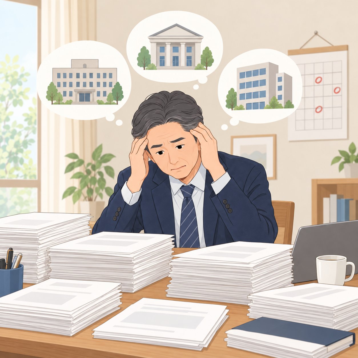 書類の山を前に、役所・銀行・法務局をまわる段取りに悩む男性のイラスト